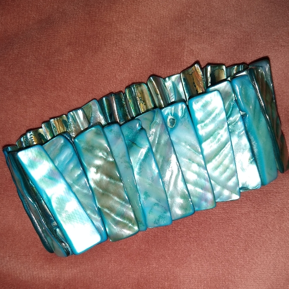 Turquoise Teal Blue Shell Bracelet Big Chunky Cuff Thick Stretch Mother of Pearl - Picture 4 of 7